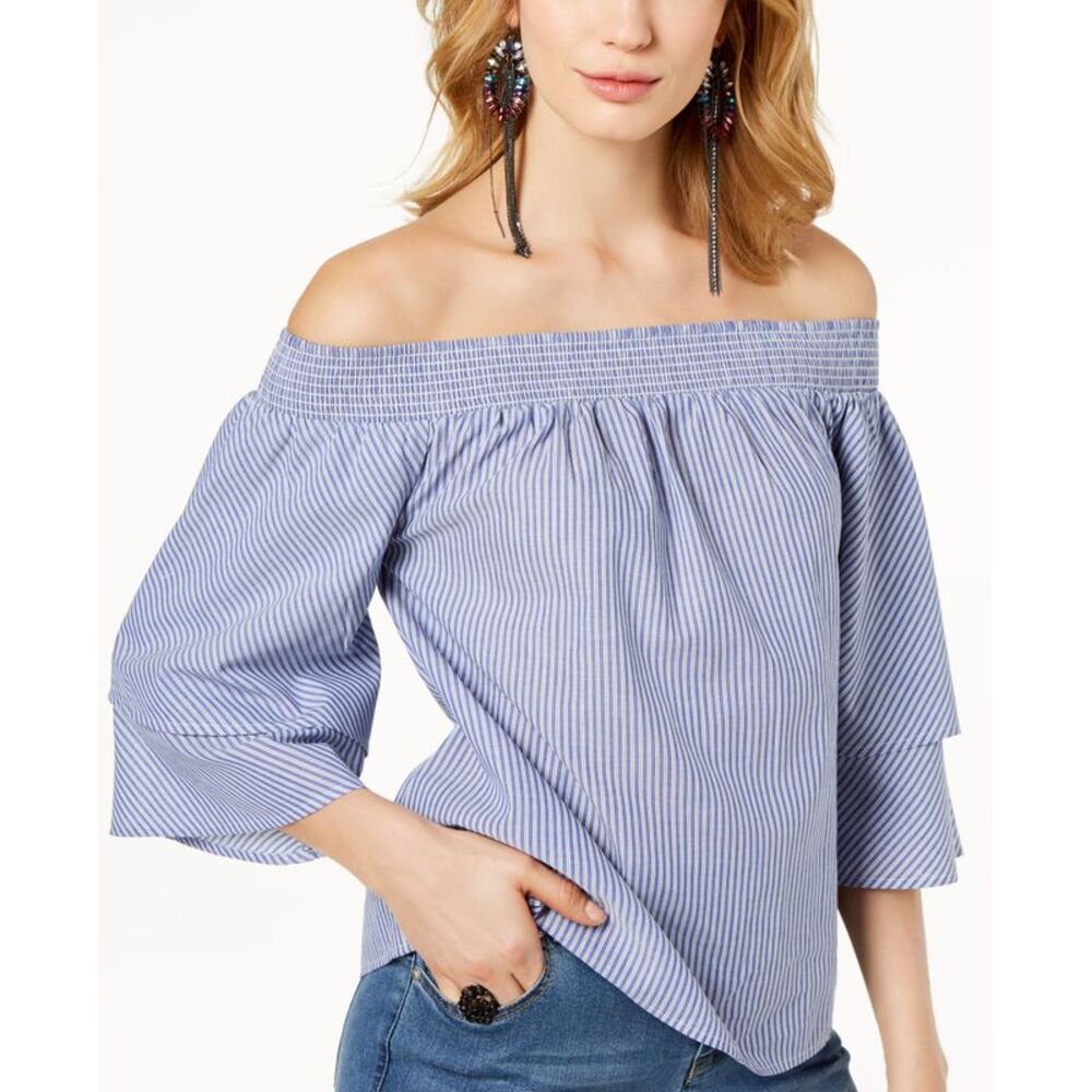 INC International Concepts Cotton Striped Off The Shoulder Top